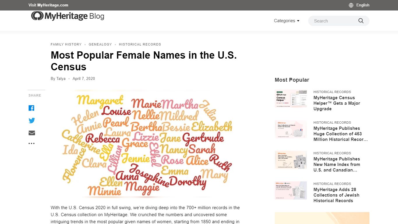 Most Popular Female Names in the U.S. Census - MyHeritage Blog